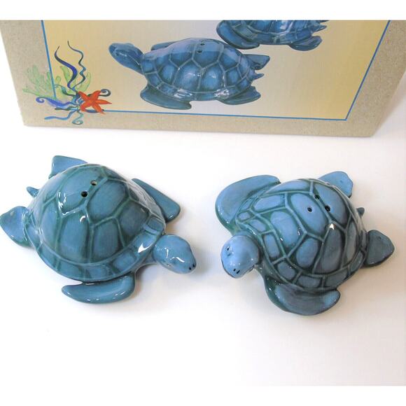 Sea Turtle Salt & Pepper Shakers 4" Ceramic Figurines Nautical Ocean Decor Box - Picture 8 of 9
